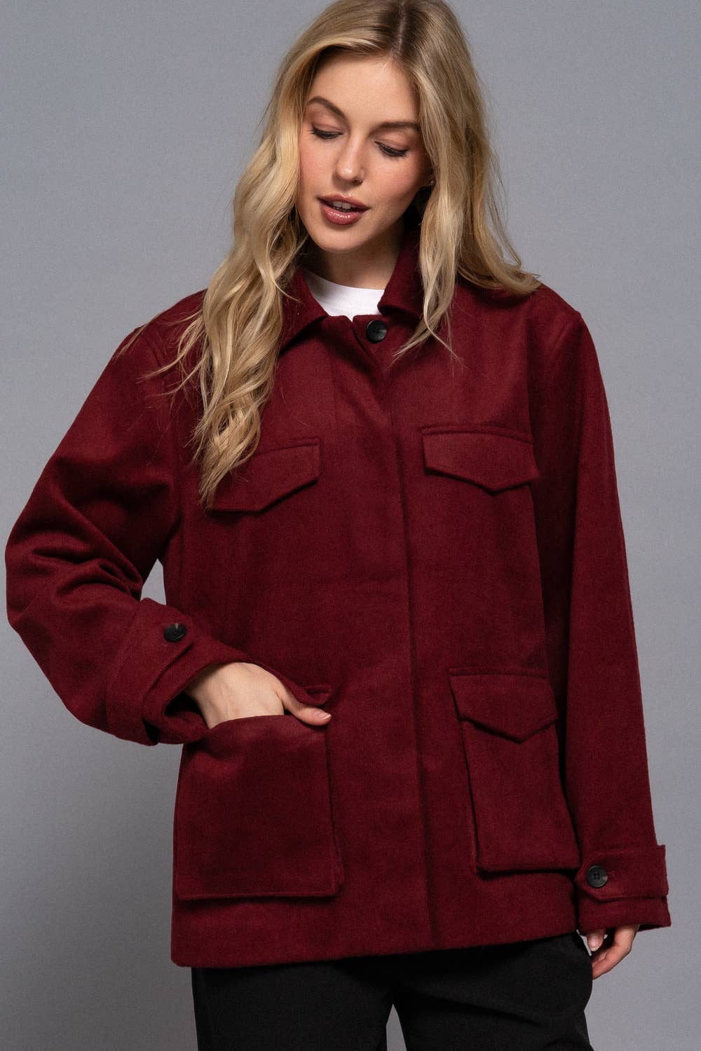 Long Sleeve Front Concealed Button with Flap Soft Felt Coat