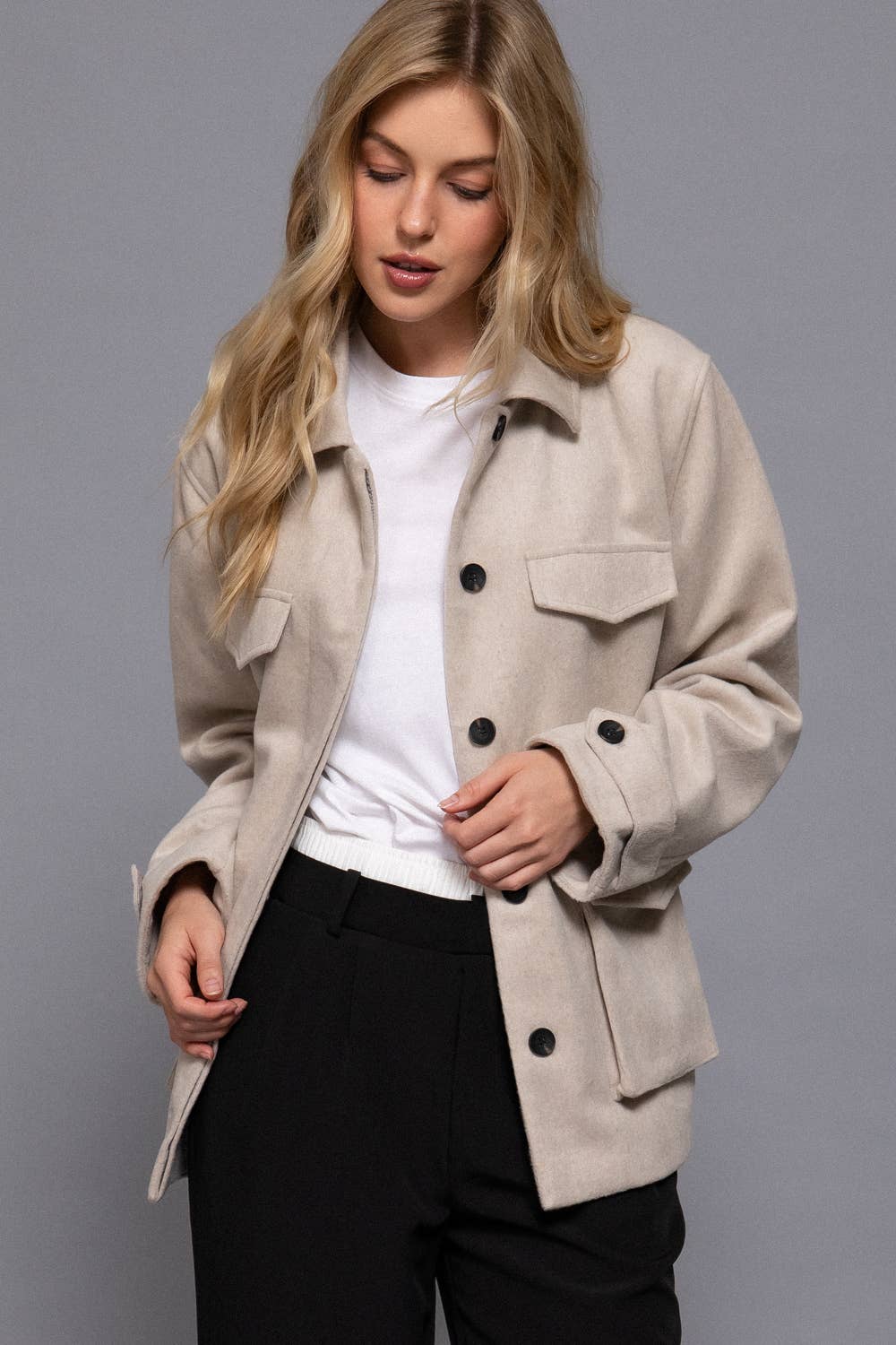 Long Sleeve Front Concealed Button with Flap Soft Felt Coat