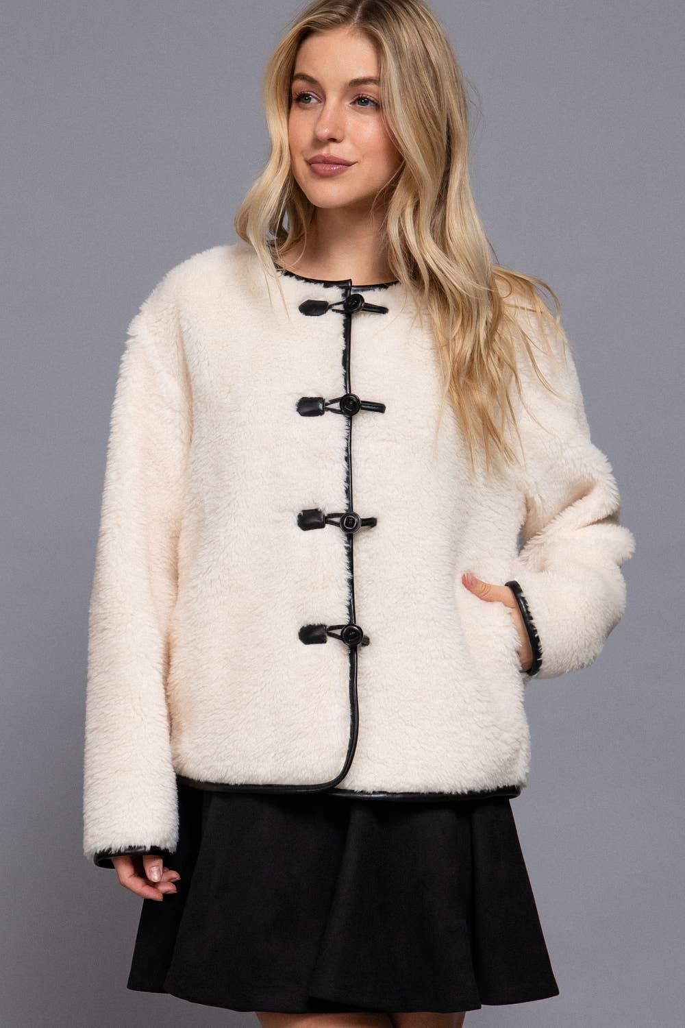 Long Sleeve Crew Neck with Toggle Look Button Fluffy Jacket