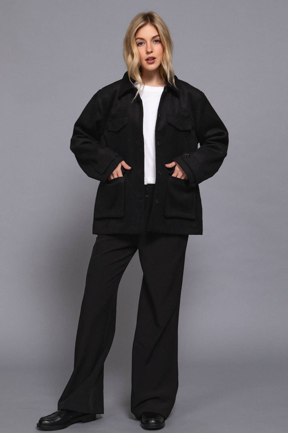 Long Sleeve Front Concealed Button with Flap Soft Felt Coat