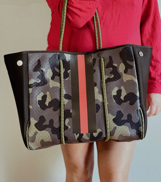 The Aniella Neoprene Tote - Green Camo with Red Racer Stripe