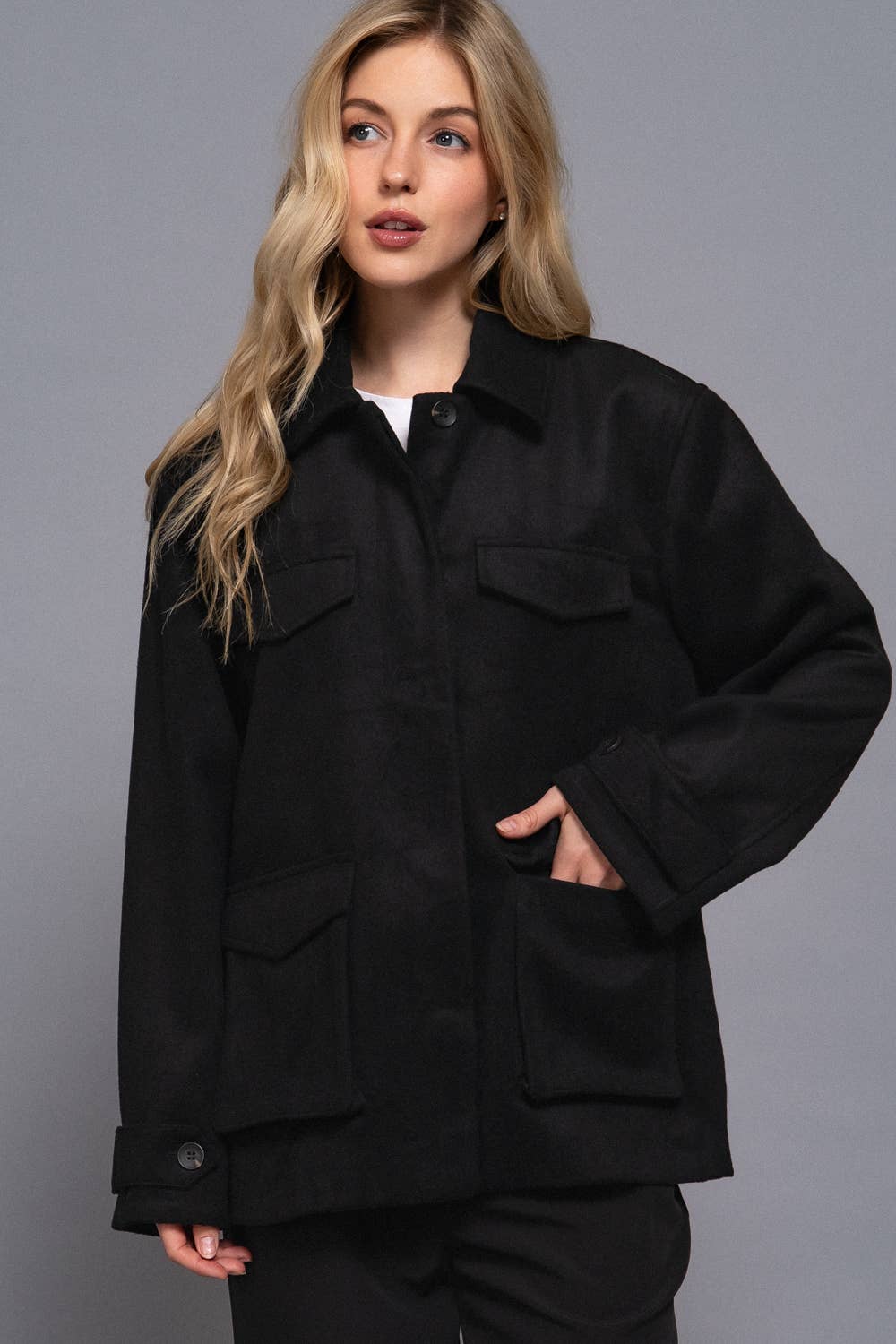 Long Sleeve Front Concealed Button with Flap Soft Felt Coat