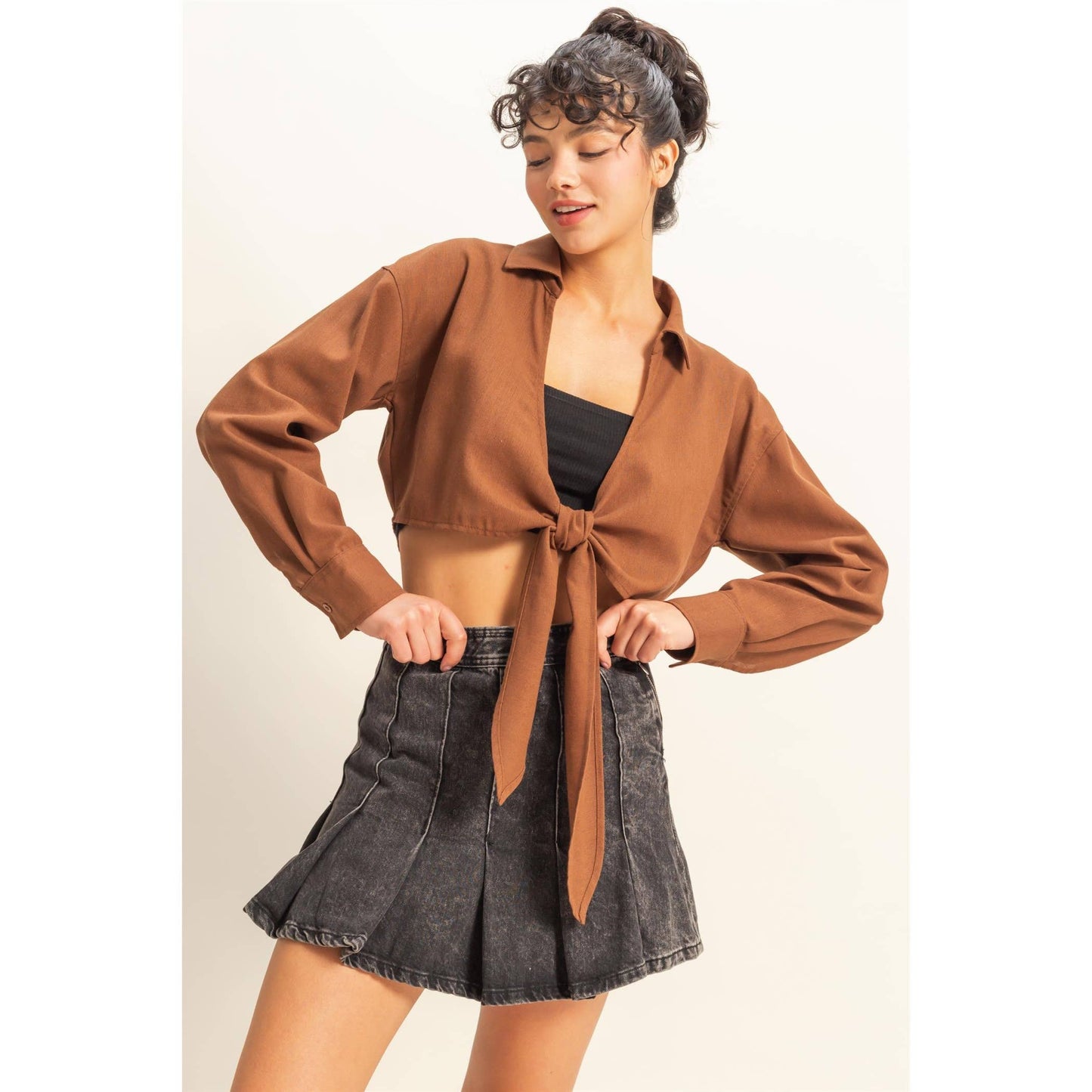 Sand Washed Tie Front Crop Top